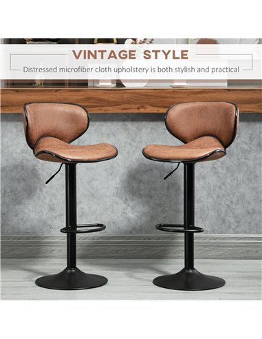HOMCOM Bar Stool Set of 2 Microfiber Cloth Adjustable Height Armless Chairs with Swivel Seat, Brown