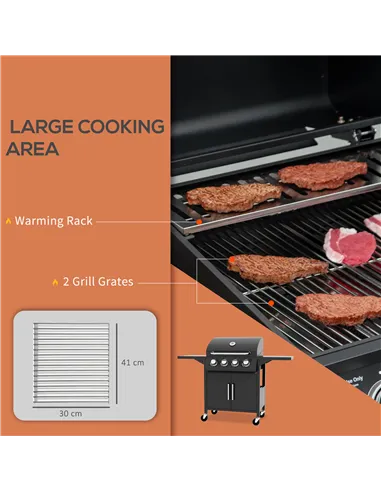 Outsunny 4 Burner Gas BBQ Grill Outdoor Portable Barbecue Trolley w/ Warming Rack, Side Shelves, Storage Cabinet, Thermometer