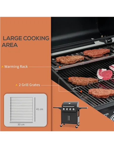Outsunny 4 Burner Gas BBQ Grill Outdoor Portable Barbecue Trolley w/ Warming Rack, Side Shelves, Storage Cabinet, Thermometer