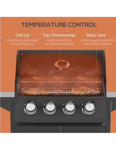 Outsunny 4 Burner Gas BBQ Grill Outdoor Portable Barbecue Trolley w/ Warming Rack, Side Shelves, Storage Cabinet, Thermometer