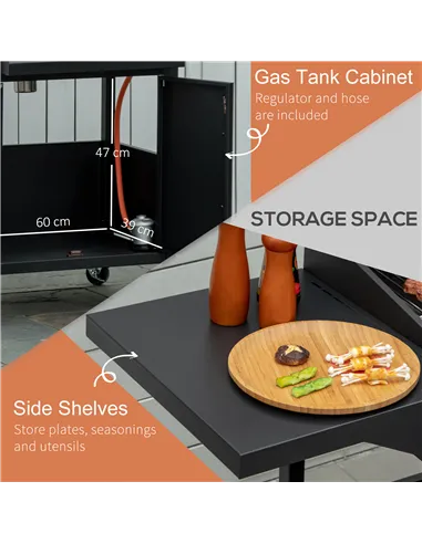 Outsunny 4 Burner Gas BBQ Grill Outdoor Portable Barbecue Trolley w/ Warming Rack, Side Shelves, Storage Cabinet, Thermometer