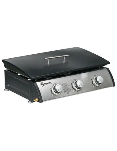 Outsunny 3 Burner Gas Plancha BBQ Grill with Lid, Black
