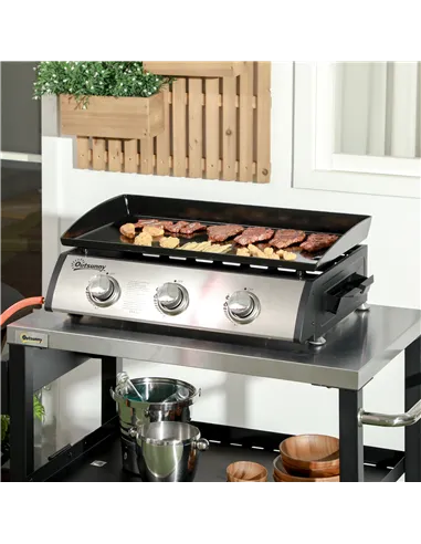 Outsunny 3 Burner Gas Plancha BBQ Grill with Lid, Black