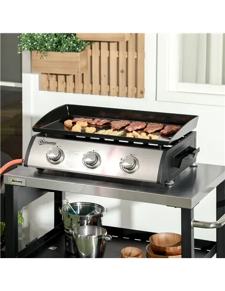 Outsunny 3 Burner Gas Plancha BBQ Grill with Lid, Black