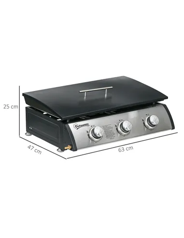 Outsunny 3 Burner Gas Plancha BBQ Grill with Lid, Black