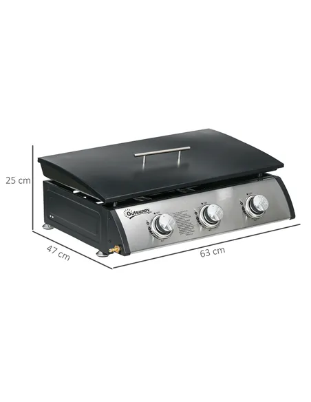 Outsunny 3 Burner Gas Plancha BBQ Grill with Lid, Black