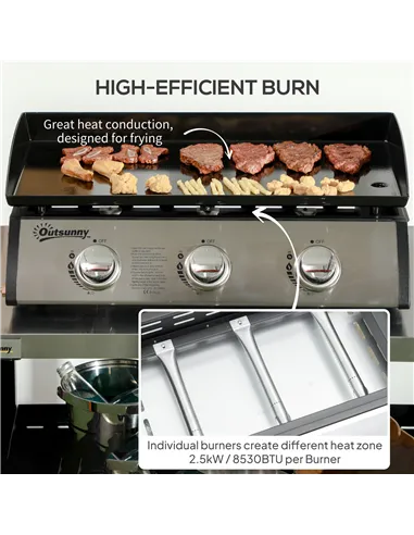 Outsunny 3 Burner Gas Plancha BBQ Grill with Lid, Black