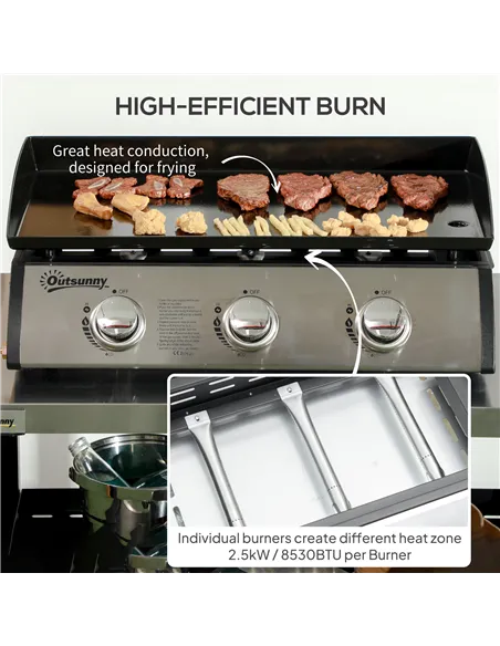 Outsunny 3 Burner Gas Plancha BBQ Grill with Lid, Black