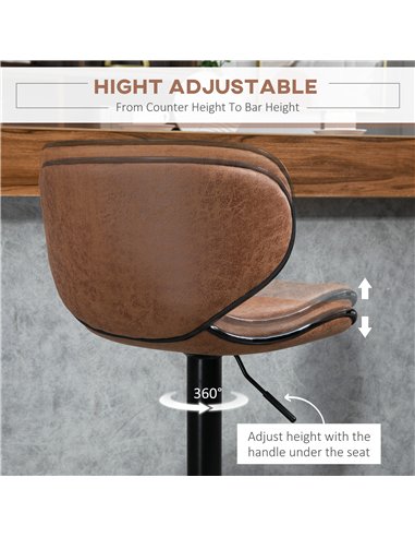 HOMCOM Bar Stool Set of 2 Microfiber Cloth Adjustable Height Armless Chairs with Swivel Seat, Brown