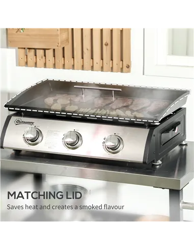 Outsunny 3 Burner Gas Plancha BBQ Grill with Lid, Black