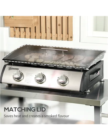 Outsunny 3 Burner Gas Plancha BBQ Grill with Lid, Black