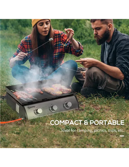 Outsunny 3 Burner Gas Plancha BBQ Grill with Lid, Black