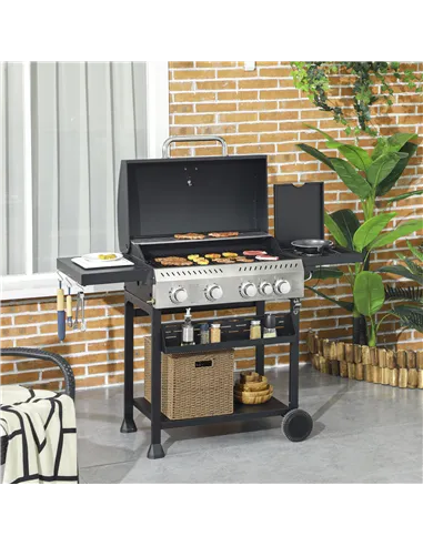 Outsunny Five-Burner Steel Gas Grill, with Thermometer - Black