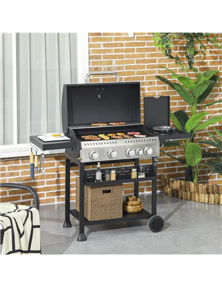 Outsunny Five-Burner Steel Gas Grill, with Thermometer - Black