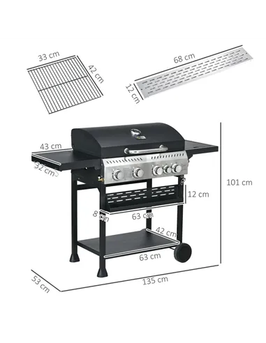 Outsunny Five-Burner Steel Gas Grill, with Thermometer - Black