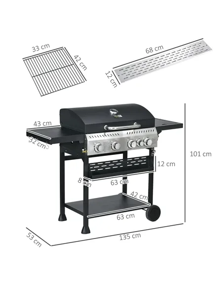 Outsunny Five-Burner Steel Gas Grill, with Thermometer - Black