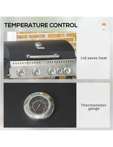 Outsunny Five-Burner Steel Gas Grill, with Thermometer - Black