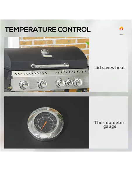 Outsunny Five-Burner Steel Gas Grill, with Thermometer - Black