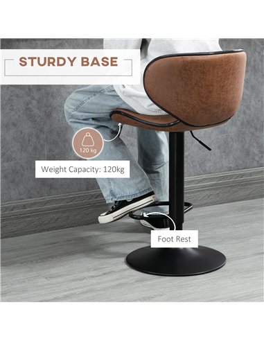 HOMCOM Bar Stool Set of 2 Microfiber Cloth Adjustable Height Armless Chairs with Swivel Seat, Brown