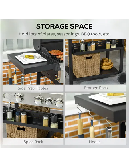 Outsunny Five-Burner Steel Gas Grill, with Thermometer - Black