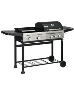 Outsunny 12kW Deluxe Duo Gas BBQ, with Grill, Plancha and Side Burner - Black