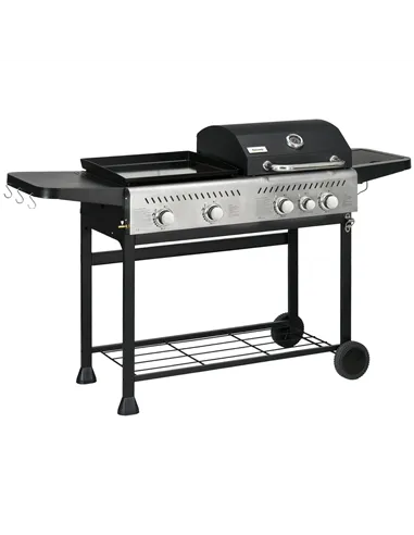Outsunny 12kW Deluxe Duo Gas BBQ, with Grill, Plancha and Side Burner - Black
