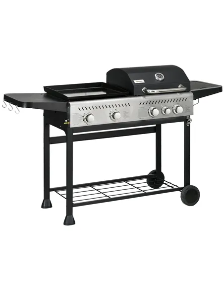 Outsunny 12kW Deluxe Duo Gas BBQ, with Grill, Plancha and Side Burner - Black