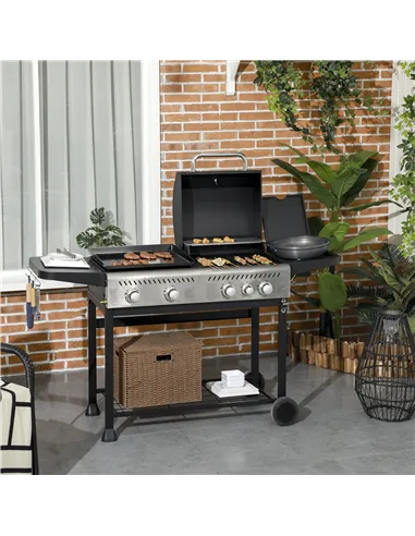Outsunny 12kW Deluxe Duo Gas BBQ, with Grill, Plancha and Side Burner - Black