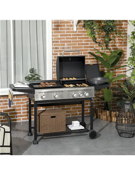 Outsunny 12kW Deluxe Duo Gas BBQ, with Grill, Plancha and Side Burner - Black