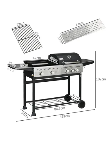 Outsunny 12kW Deluxe Duo Gas BBQ, with Grill, Plancha and Side Burner - Black