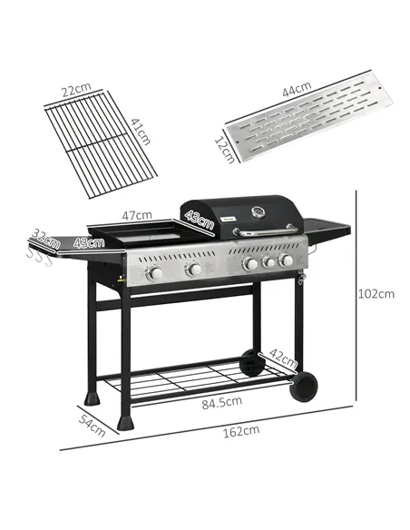 Outsunny 12kW Deluxe Duo Gas BBQ, with Grill, Plancha and Side Burner - Black