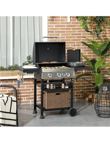 Outsunny Four-Burner Steel Gas Grill, with Thermometer - Black