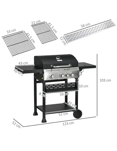 Outsunny Four-Burner Steel Gas Grill, with Thermometer - Black