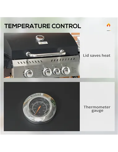 Outsunny Four-Burner Steel Gas Grill, with Thermometer - Black