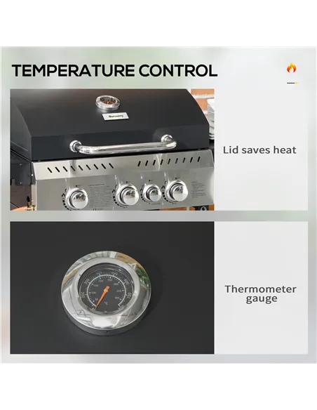 Outsunny Four-Burner Steel Gas Grill, with Thermometer - Black