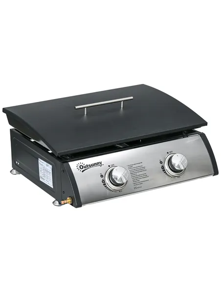 Outsunny Portable Tabletop Gas Plancha Grill w/ 2 Stainless Steel Burner, 10kW, Non-Stick Griddle for BBQ Camping Picnic Party
