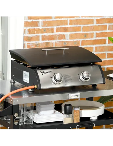 Outsunny Portable Tabletop Gas Plancha Grill w/ 2 Stainless Steel Burner, 10kW, Non-Stick Griddle for BBQ Camping Picnic Party