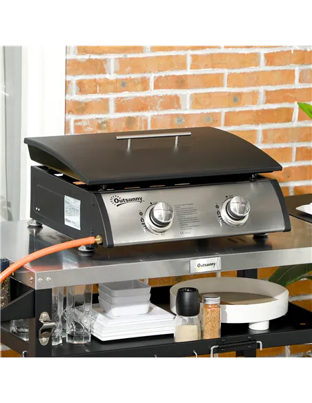 Outsunny Portable Tabletop Gas Plancha Grill w/ 2 Stainless Steel Burner, 10kW, Non-Stick Griddle for BBQ Camping Picnic Party