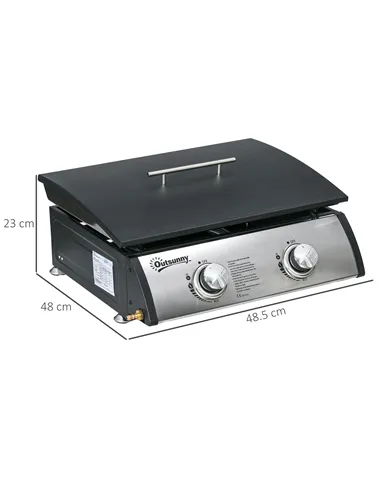 Outsunny Portable Tabletop Gas Plancha Grill w/ 2 Stainless Steel Burner, 10kW, Non-Stick Griddle for BBQ Camping Picnic Party
