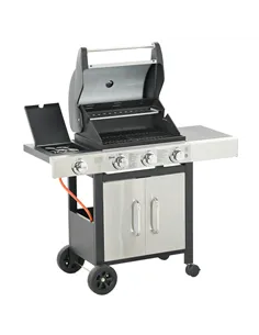 Outsunny Gas Barbecue Grill 3+1 Burner Garden Smoker BBQ Trolley w/ Side Burner Warming Rack Side Shelves Storage Cabinet Piezo 
