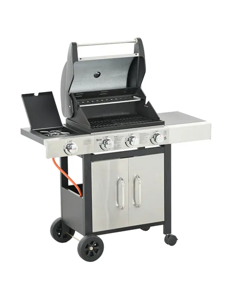 Outsunny Gas Barbecue Grill 3+1 Burner Garden Smoker BBQ Trolley w/ Side Burner Warming Rack Side Shelves Storage Cabinet Piezo 