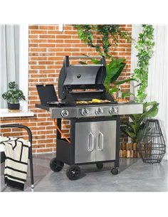 Outsunny Gas Barbecue Grill 3+1 Burner Garden Smoker BBQ Trolley w/ Side Burner Warming Rack Side Shelves Storage Cabinet Piezo  2
