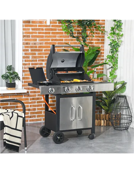 Outsunny Gas Barbecue Grill 3+1 Burner Garden Smoker BBQ Trolley w/ Side Burner Warming Rack Side Shelves Storage Cabinet Piezo 