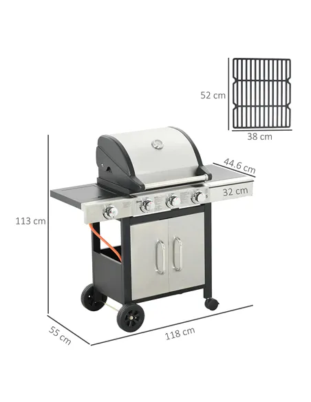 Outsunny Gas Barbecue Grill 3+1 Burner Garden Smoker BBQ Trolley w/ Side Burner Warming Rack Side Shelves Storage Cabinet Piezo 