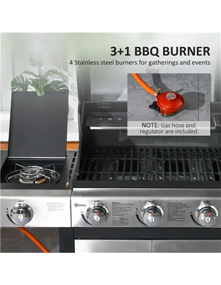 Outsunny Gas Barbecue Grill 3+1 Burner Garden Smoker BBQ Trolley w/ Side Burner Warming Rack Side Shelves Storage Cabinet Piezo 
