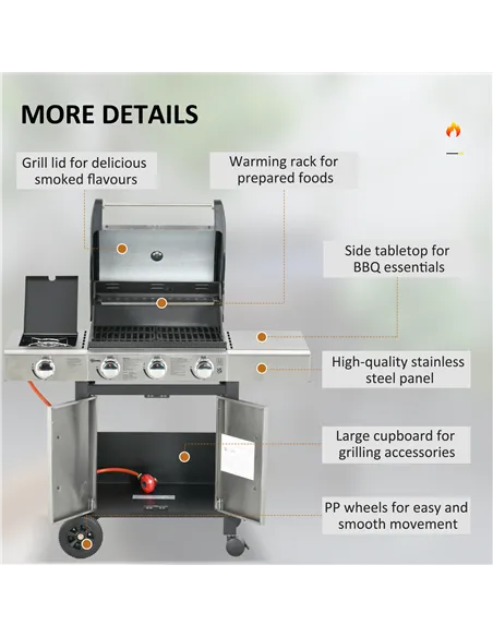 Outsunny Gas Barbecue Grill 3+1 Burner Garden Smoker BBQ Trolley w/ Side Burner Warming Rack Side Shelves Storage Cabinet Piezo 