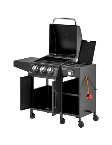 Outsunny 3+1 Burner Gas BBQ Grill with Storage Cabinet and Shelves, 9.5 kW Gas Barbecue Trolley with 6 Castor Wheels, Warming Ra