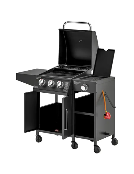 Outsunny 3+1 Burner Gas BBQ Grill with Storage Cabinet and Shelves, 9.5 kW Gas Barbecue Trolley with 6 Castor Wheels, Warming Ra