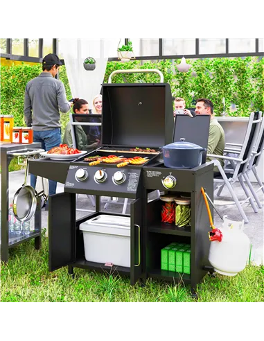 Outsunny 3+1 Burner Gas BBQ Grill with Storage Cabinet and Shelves, 9.5 kW Gas Barbecue Trolley with 6 Castor Wheels, Warming Ra