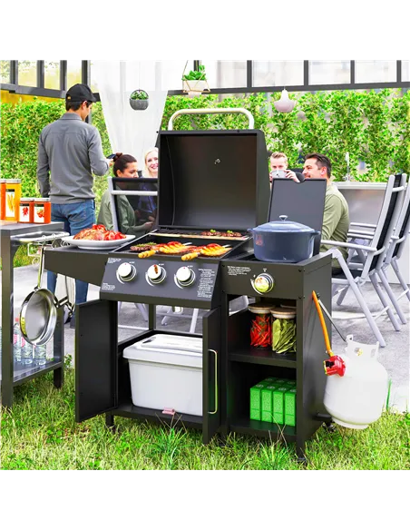 Outsunny 3+1 Burner Gas BBQ Grill with Storage Cabinet and Shelves, 9.5 kW Gas Barbecue Trolley with 6 Castor Wheels, Warming Ra